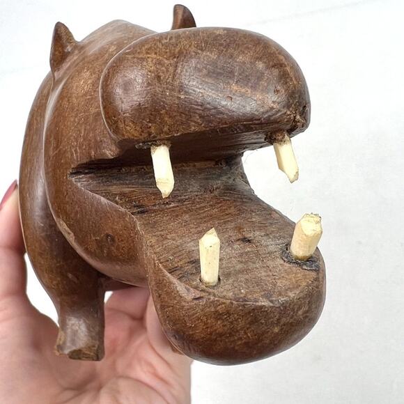 Vintage Hand Carved African Wood Hippopotamus With Teeth - Picture 7 of 10